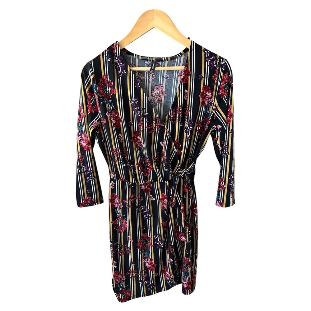 Floral Faux Wrap V Neck Mink Dress